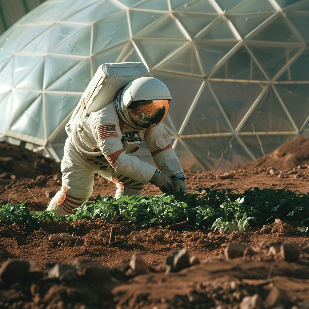 astronaut cutivating plants on mars